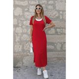 Aesco Kadın Kısa Kollu Içi Atlet Görünümlü Yandan Yırtmaçlı Uzun Viskon Elbise - Kırmızı - 2XL - 3XL