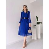 Aesco Kadın Şifon Kumaş Astalı Kloş Kesim Kruvaze Yaka Midi Boy Elbise - Mavi