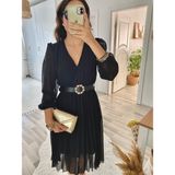Aesco Kadın Şifon Kumaş Astalı Kloş Kesim Kruvaze Yaka Midi Boy Elbise - Siyah - 2XL