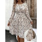 Aesco Kadın Uzun Kollu Bot Yaka Beli Lastikli Midi Süprem Elbise - Bej - L - XL