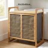 Aesco Kalın Ahşap Bambu 2 Bölmeli Kirli Çamaşır Sepeti Kumaş Çantalı SEPET=54X35X60CM
