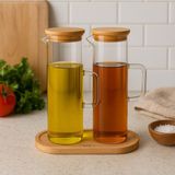 Aesco Lavino 3 Parça 400 ml Borosilikat Yağlık - Bambu Altlık ve 2 Adet Bambu Kapaklı Cam Yağdanlık