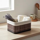 Aesco Mini Dikdörtgen Bambu Düzenleyici ve Saklama Sepeti – Gri Ahşap Banyo, Makyaj ve Ofis Organizeri, Kumaş Astarlı Dekoratif Kutu (20X15X10 Cm)