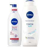 Aesco Nivea Creme Soft Banyo ve Duş Jeli 750ML ve Repair&care Yoğun Nemlendirici Vücut Losyonu 400ML, Kuru Cilt