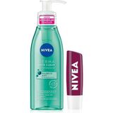 Aesco Nıvea Derma Skin Clear Sivilce Karşıtı Yüz Temizleme Jeli 150ML,SALISILIK Asit,nisaniamid ve Böğürtlen Dudak Bakım Kremi ve Parlatıcısı 4.8gr, Nemlendirici, Hafif Bordo Işıltı - 1 lt