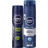 Aesco Nıvea Men Erkek Sprey Deodorant Fresh Power 150ML ve Nıvea Men Protect&care Tıraş Jeli 200ML, Kuru Ciltler Için, Pürüzsüz Tıraş - 1 lt