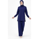 Aesco Osy Modal Yumuşak Dokulu Kumaş Modern Tesettür Takım Yandan Metal Çıtçıtlı Uzun Tunik Pantolon Set Salaş Kalıp - Lacivert