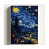 Aesco Sayılarla Boyama Tuval Hobi Seti Yıldızlı Gece Köy Temalı Fırça ve Boya Dahil Set (Çıtalı) 40X50 cm Kendin Yap Sayılarla Tuval Boya Kiti (Kasnaklı) - 41 Delft Blue