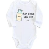 Aesco Unisex Bebek Beyaz Herşeyin Başı Süt Baskılı Uzun Kollu Çıtçıtlı Body 1232EBB, Yeni Doğan - 001 - Beyaz - 0 - 1 Yaş