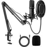 Aesco USB Condenser Masaüstü Mikrofon Seti – Kardioid Yönlü, 16BIT/48KHZ Profesyonel Kayıt, LED Kontrollü, Shock Mount ve Stand Dahil – Streaming, Podcast, Oyun ve Vokal Için | Q10-Q10B