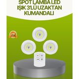 Aesco Uzaktan Kumandalı 3 Lü Kablosuz LED Spot Lamba Seti Yapışkanlı Pratik Kullanım