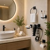 Aesco Yapışkanlı Banyo Aksesuar Seti,fön Makinesi Tutacağı,tuvalet Kağıdı Askısı,sabunluk,diş Fırçalık,yuvarlak Havlu Askısı (Set1)