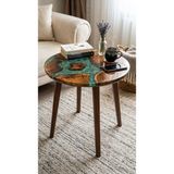 Af Epoxyart Modern El Yapımı Ahşap Epoksi Sehpa - 60 cm Çap Yeşil Nehir Desenli Ahşap Yan Sehpa - Doğal Ağaç Kütük Epoksi Orta Sehpa
