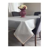 AFA TASARIM Gri Pötikareli Lüks Keten Sıvı ve Leke İtici Özellikli Pamuk Dantelli 6Kişilik Masa Örtüsü 150X180cm