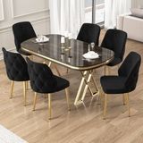 Afe Serisi 90X168 Lak Panel Antrasit Ironi Gold Ayak Masa Takımı 6 Sandalye - Siyah