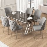 Afe Serisi 90X168 Lak Panel Antrasit İroni krom Ayak Masa Takımı 6 Gri Sandalye