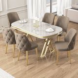 Afe Serisi 90X168 Lak Panel Beyaz Mermer Desen Gold Ayak Masa Takımı 6 Sandalye - Cappucino