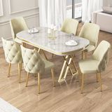 Afe Serisi 90X168 Lak Panel Beyaz Mermer Desen Gold Ayak Masa Takımı 6 Sandalye - Krem