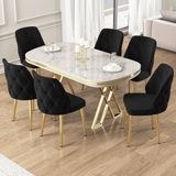 Afe Serisi 90X168 Lak Panel Beyaz Mermer Desen Gold Ayak Masa Takımı 6 Sandalye - Siyah