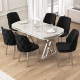 Afe Serisi 90X168 Lak Panel Beyaz Mermer Desen Gümüş Ayak Masa Takımı 6 Sandalye - Siyah