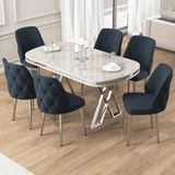Afe Serisi 90X168 Lak Panel Beyaz Mermer Desen Krom Ayak Masa Takımı 6 Sandalye - Antrasit