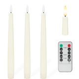 AFINETH Alevsiz Konik Mumlar, 3D Fitilli, 24,4 cm Uzaktan ve Zamanlayıcılı Gerçek Mum LED Mumlar, 3'lü Paket Titreşimli Şamdan, Pille Çalışır, Ev, Düğün, Parti, Fildişi için Klasik Uzun Konik Mumlar