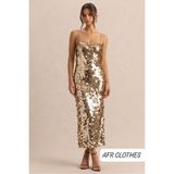AFR CLOTHES KADIN BAKIR RENK BÜYÜK PULLU PAYET GECE-DAVET ELBİSESİ- İÇİ ASTARLI MAXİ BOY