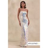 AFR CLOTHES KADIN JANJAN BEYAZ BÜYÜK PULLU MAXİ BOY DAVET PARTİ ELBİSESİ GÜMÜŞ IŞILTISI- İP ASKILI- İÇİ ASTARLI