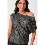 AFR CLOTHES KADIN SİYAH-GRİ PAYET DAMLA OMUZ İÇİ ASTARLI BLUZ-ŞIK GECE