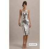 AFR CLOTHES Kadın Siyah / Gümüş Renk Seçenekli Payetli Halter Yaka Midi Boy Kalem Abiye Elbise-MEZUNİYET-PARTİ