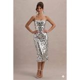 AFR CLOTHES Silver Glow Büyük Pullu Midi Boy Davet ve Parti Elbisesi , Gümüş Işıltılı