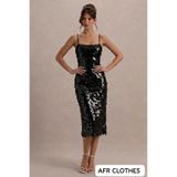 AFR CLOTHES SİYAH PAYET Büyük Pullu Midi Boy Davet ve Parti Elbisesi , SİYAH Işıltılı