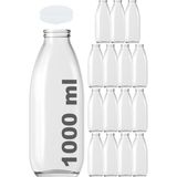 Afracam 1000 cc Şeffaf Süt, Ayran, Limonata Şişesi Plastik Kapaklı 1000 ml Yuvarlak Cam Şişe 15 Adet