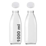 Afracam 1000 ml Şeffaf Sürahi Süt, Ayran, Su, Limonata Şişesi 1000 cc Yırtmalı Kapak Cam Şişe 2 Adet