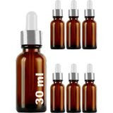 Afracam 30 ml Amber Cam Damlalık Kahverengi Serum Şişesi 30 cc Beyaz Gümüş Kapaklı Dropper Cam Şişe 6 Adet - Metal Gümüş