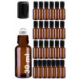Afracam 30 ml Çelik Roll On Şişesi 30 cc Sızdırmaz Siyah Kapaklı Cam Şişe 25 Adet (Amber, 30)
