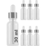 Afracam 30 ml Şeffaf Cam Damlalık Beyaz Serum Şişesi 30 cc Beyaz Gümüş Kapaklı Dropper Cam Şişe 6 Adet - Metal Gümüş