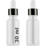 Afracam 30 ml Şeffaf Cam Damlalık Beyaz Serum Şişesi 30 cc Beyaz Siyah Kapaklı Dropper Cam Şişe 2 Adet - Siyah - Beyaz