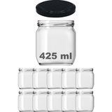 Afracam 425 cc Kavanoz Metal Siyah Konserve Kapaklı 425 ml Şeffaf Cam Kavanoz 10 Adet