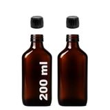 Afracam Amber Ecza Şişesi, 200 ml, Kahverengi Cam, Plastik Contalı Kilit Kapak, Hava ve Sıvı Sızdırmaz, 28mm Ağız Çaplı, Parfüm Demlemek İçin Uygun, 2 Adet (200 ml Yassı, Siyah Kapak)
