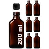 Afracam Amber Ecza Şişesi, 200 ml, Kahverengi Cam, Plastik Contalı Kilit Kapak, Hava ve Sıvı Sızdırmaz, 28mm Ağız Çaplı, Parfüm Demlemek İçin Uygun, 6 Adet (200 ml Yassı, Siyah Kapak)