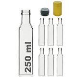 Afracam Kalın Cam Şişe Seti, 250 ml, Yağdanlık Akıtıcılı Kapaklı, Yağlık ve Sirkelik, Kapüşonlu, 6 Adet, Yeniden Kullanılabilir (Şeffaf, Maraska (Kare))