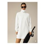 Afri 3 İplik Şardonlu Beyaz Oversize Fermuarlı Tunik Sweatshirt - Günlük Spor Elbise