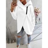 Afri Beyaz Kadın 3 Iplik Şardonlu Kapüşonlu Ceket – Asimetrik Fermuarlı Oversize - XL