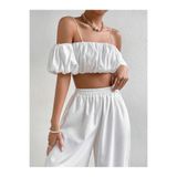 Afri Kadın Beyaz Off Shoulder Crop Bluz – Askılı, Lastikli, Kısa Kollu Yazlık Şık Üst