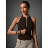 Afri Kadın Koyu Acı Kahverengi Fermuarlı Halter Yaka Atlas Kumaş Bluz Şık & Modern Fit