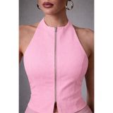 Afri Kadın Pembe Fermuarlı Halter Yaka Atlas Kumaş Bluz Şık & Modern Fit
