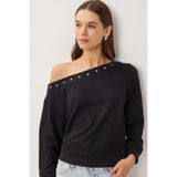 Afri Kadın Siyah Kuşgözü Detaylı Asimetrik Yaka Sweatshirt - Metal Halkalı Tek Omuz Salaş Bluz