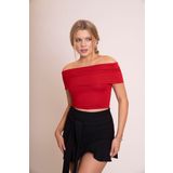 Afrodit Kadın Kırmızı Omzu Açık Büzgülü Crop Body - Şık ve Rahat Fit Bluz