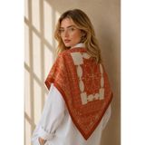 AFVENTE Çini Desen Turuncu-Beyaz Soft Fular Eşarp 90x90 cm